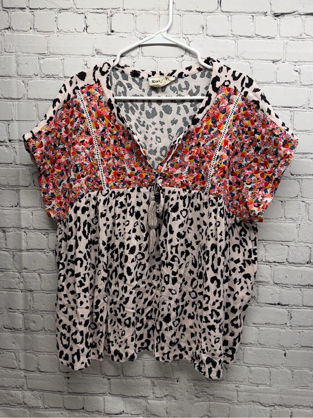 Savanna Jane  Leopard Print V-Neck Blouse with Multicolor Floral embroidered 1X